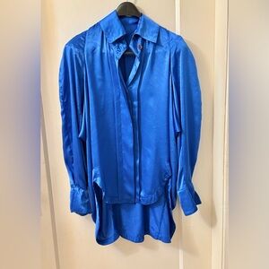 Rare Vibrant Blue Satin Blouse Dolman Sleeve